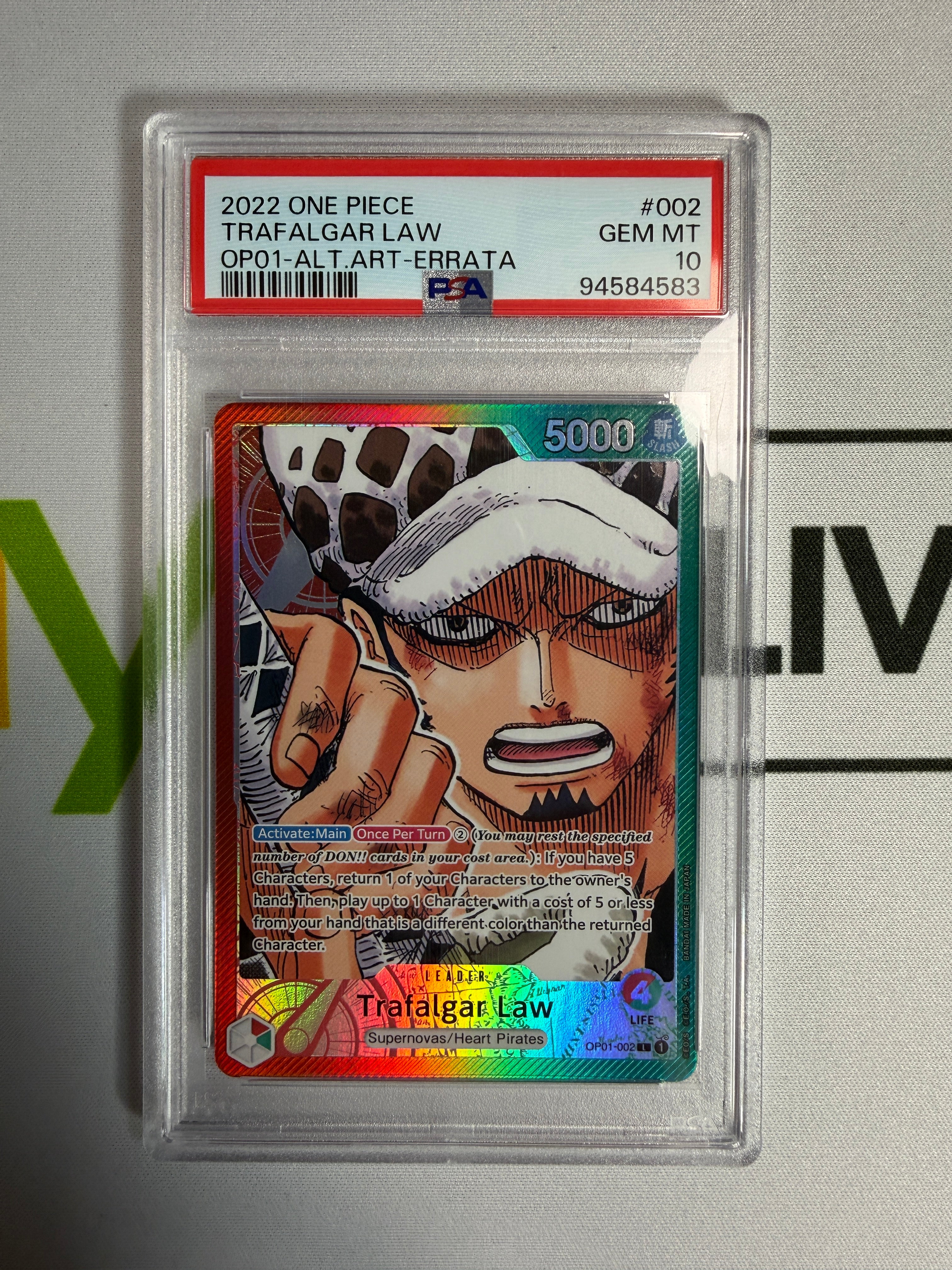 One Piece PSA 10 Trafalgar Law OP01 #002 EN Alternate Art Errata 2022