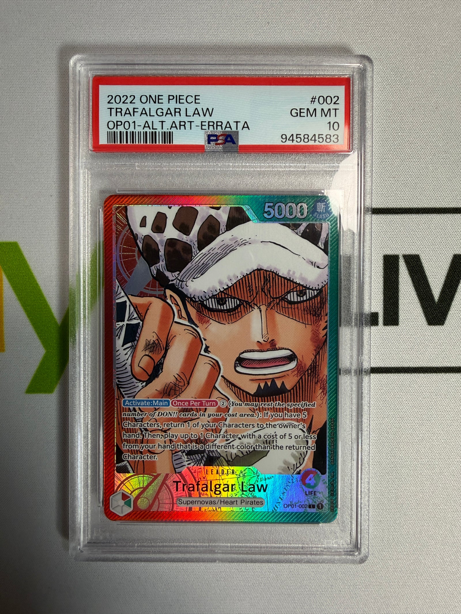 One Piece PSA 10 Trafalgar Law OP01 #002 EN Alternate Art Errata 2022