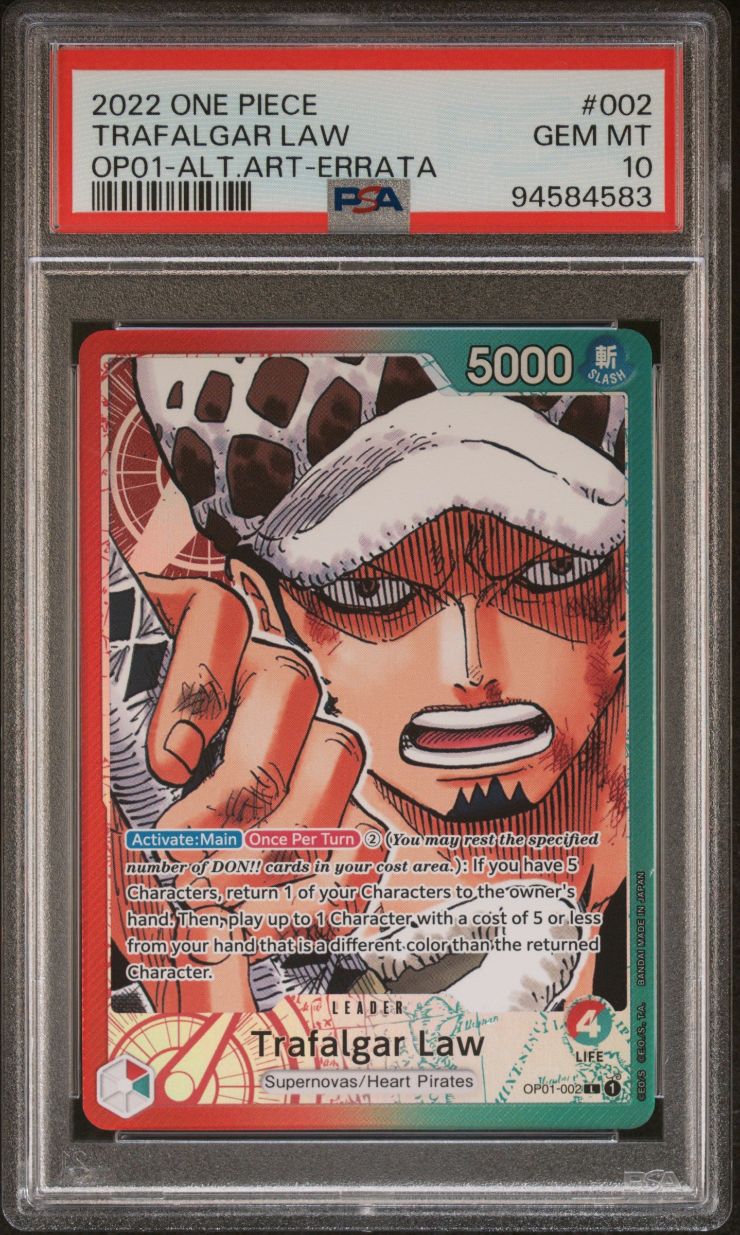One Piece PSA 10 Trafalgar Law OP01 #002 EN Alternate Art Errata 2022